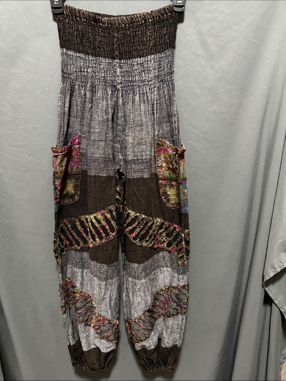 Boho Smocked Waist Harem Pants in Brown & Gray